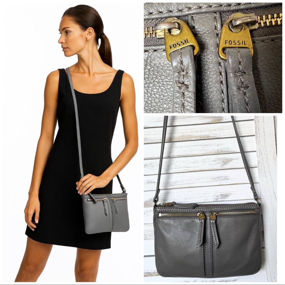 Fossil Erin Top Zip Gray  Pebbled Genuine Leather Small  Crossbody Bag